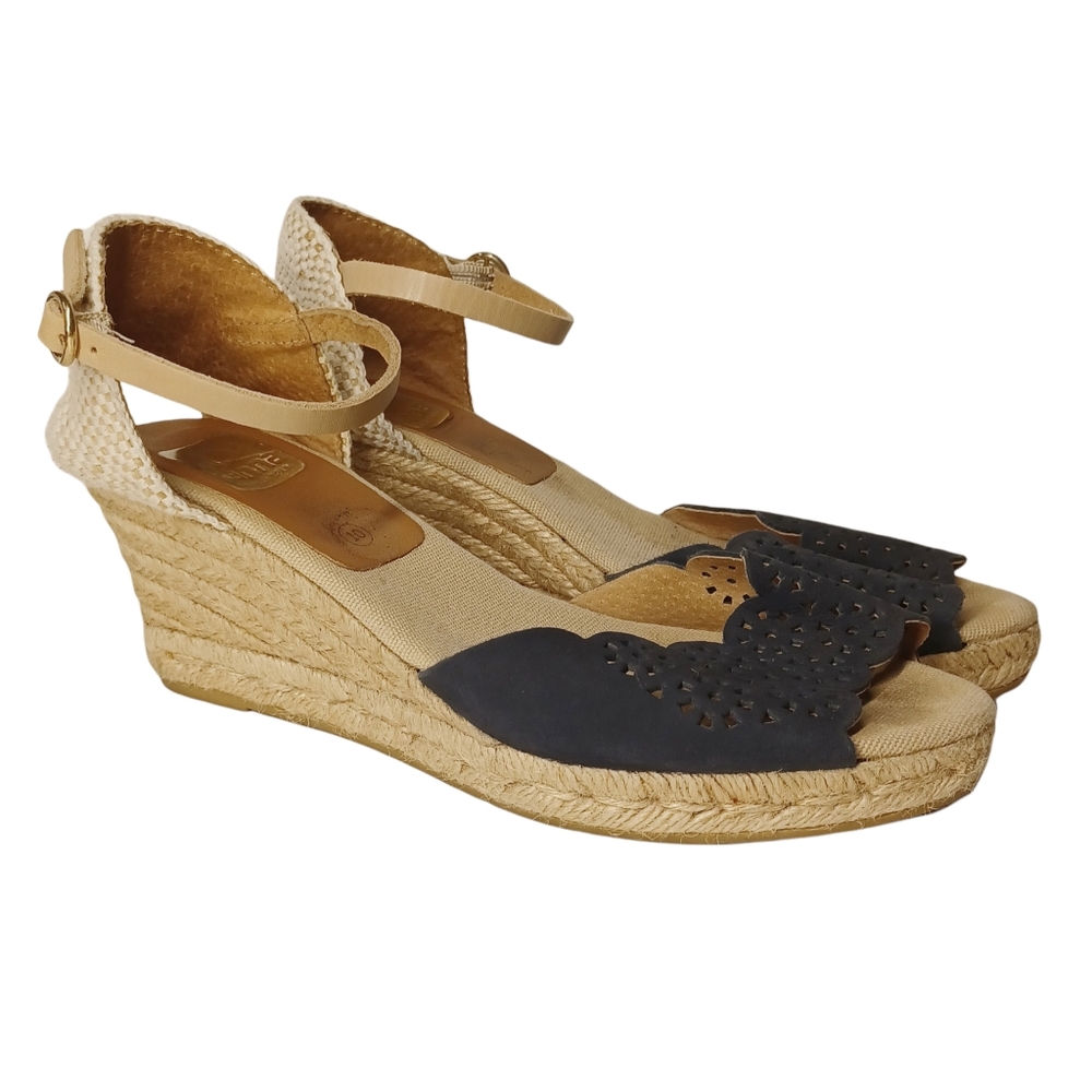 KANNA Espadrille Blue Scallop Perforated Ankle Strap Wedge Heels 10